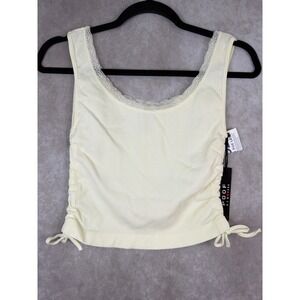 NWT Poof New York Tank Top Womens M/L Cream Ruched Side Lace Trim Ribbed Cami